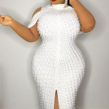 Vestido de manga corta con corte blanco y burbujas de verano para mujer de talla grande