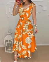 Women V-neck Sleeveless Print Belted Dress