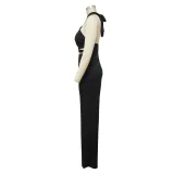 Women Pants Halter Neck Sleeveless Solid Color Wide Leg Jumpsuit