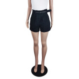 Women Summer Solid Casual Belted Side Pocket Shorts