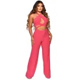 Women Pants Halter Neck Sleeveless Solid Color Wide Leg Jumpsuit