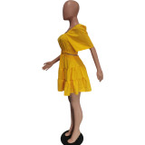 Women Summer Solid Square Neck Cutout Ruffle Dress