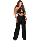 Women Pants Halter Neck Sleeveless Solid Color Wide Leg Jumpsuit