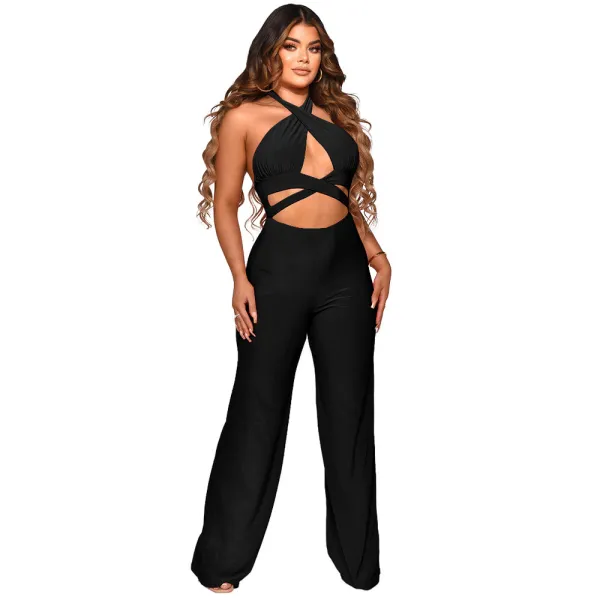 Women Pants Halter Neck Sleeveless Solid Color Wide Leg Jumpsuit