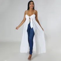 Women Sexy Straps Irregular V-neck Slit Long T-Shirt