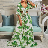 Women Printed V-neck Lace-Up Top + Wide Leg Pants Two-Piece Set