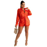 Women Summer Casual Solid Color Long Sleeve Shirt + Shorts Two Piece Set