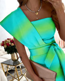 Women Slash Shoulder Print Slit Midi Dress