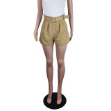Women Summer Solid Casual Belted Side Pocket Shorts