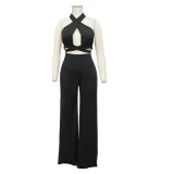 Women Pants Halter Neck Sleeveless Solid Color Wide Leg Jumpsuit