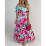 Women Elegant Rose Off Shoulder Puff Sleeve Maxi dress