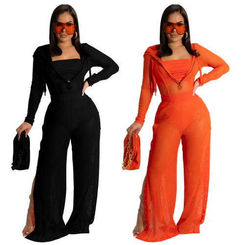Women Solid zipper with hood See-Through Wide Leg Pants Two Piece