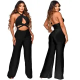 Women Pants Halter Neck Sleeveless Solid Color Wide Leg Jumpsuit