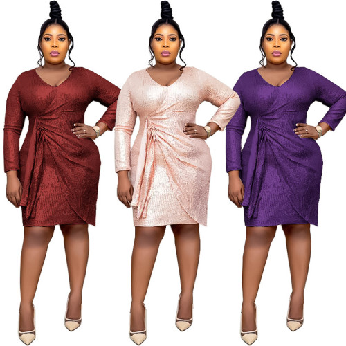 Plus Size Damen Afrikanisches Pailletten V-Ausschnitt Langarm Kleid