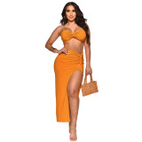 Women solid color pleated crop top + Dress two-piece set