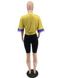 Cárdigan estampado Camiseta de manga corta de piel Pantalones cortos ajustados Conjunto de dos piezas