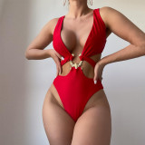 Women clothes Solid Color Sexy Patchwork Hollow Tie Waist Beach One Piece Swimsuit