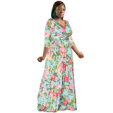 Floral Print Long Sleeve High Waist Belt Wrap Maxi Dress Plus Size Women clothes