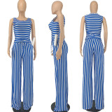 Ropa de mujer Camiseta sin mangas con cuello redondo a rayas Pantalones de pierna ancha Conjunto de dos piezas