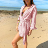 Primavera verano ropa de mujer elegante manga larga cuello vuelto vacaciones estilo vestido de lino