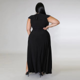 Vestido maxi dividido de mujer de talla grande de color sólido con cuello en V y manga corta a la moda
