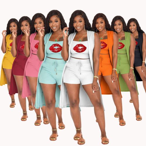 Women clothes Solid Print Sleeveless Tank Cardigan Shrots Summer Three-Piece Outfit