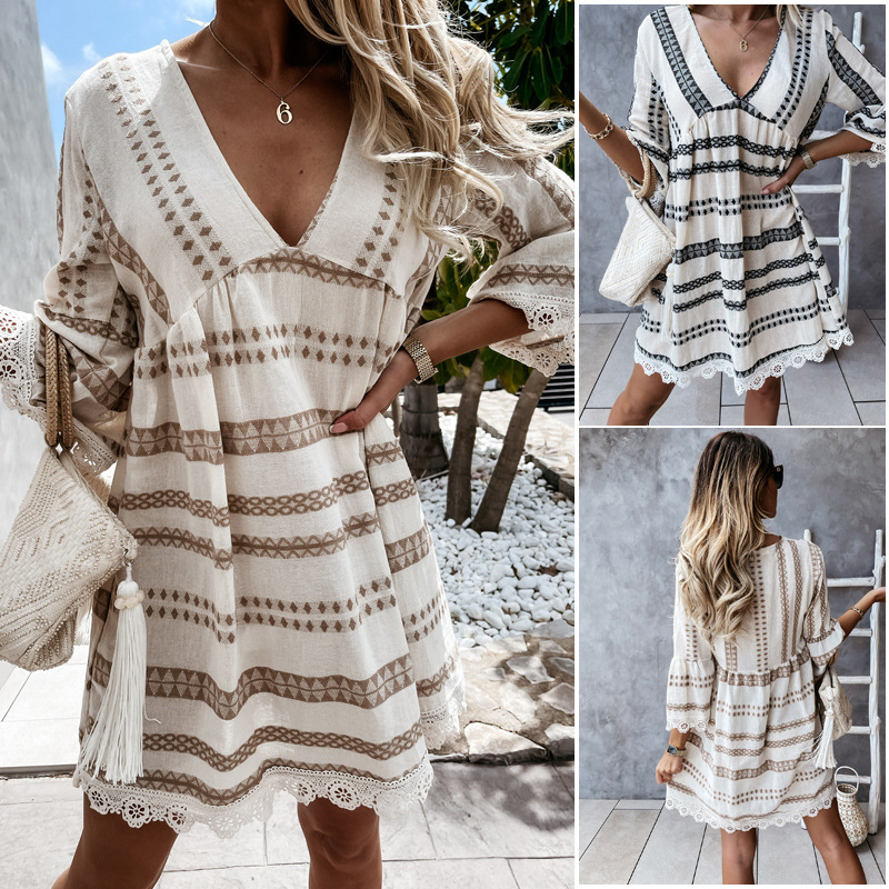 clothes summer V Neck lace casual dress - The Connection