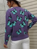 Estampado de invierno mariposa cuello redondo ropa de mujer suelta de talla grande tejer camisa pulóver suéter de mujer