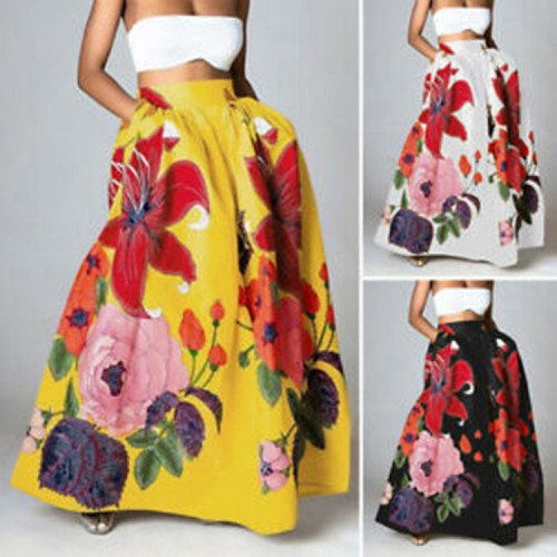 Women clothes Bohemian Print Skirt High Waist Long Beach Skirt