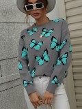 Estampado de invierno mariposa cuello redondo ropa de mujer suelta de talla grande tejer camisa pulóver suéter de mujer