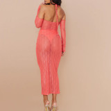 Spring Summer Mesh Halter Neck Dress Women clothes Cover Up See-Through Sexy Cutout Patchwork Bodycon Long Dress