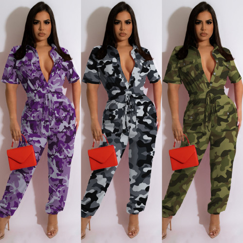 Women clothes Classic Cargo Pants Multi-pocket Short Sleeve camouflage Casual Jumpsuit
