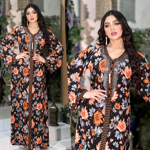 Eid al-Adha Arab Dubai robe abaya print Beaded retro ethnic women clothes