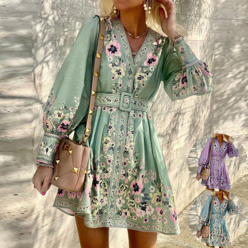 Sommer Damen Kleidung Langarm V-Ausschnitt locker bedrucktes Boho Kleid