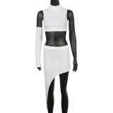 Women clothes Basic Solid Crop Tank Irregular Skirt sleevelet Three-Piece Set