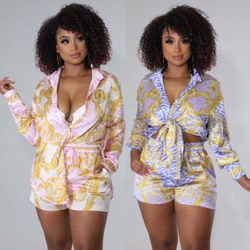 Women clothes Casual Printed Single Breasted Shirt Long Sleeve + Shorts Two Piece Set