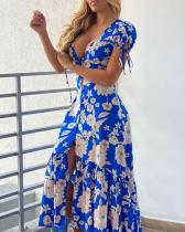 Damenbekleidung Sexy blaues, plissiertes Maxikleid mit V-Ausschnitt und Blumenmuster