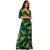 Vestido largo de talla grande con estampado de hojas y escote en V profundo con cinturón para mujer