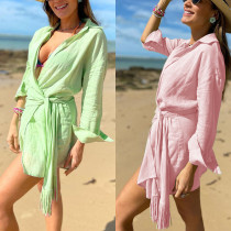 Frühlings-Sommer-Frauen-Kleidung schickes Leinenkleid mit langen Ärmeln und Umlegekragen im Urlaubsstil