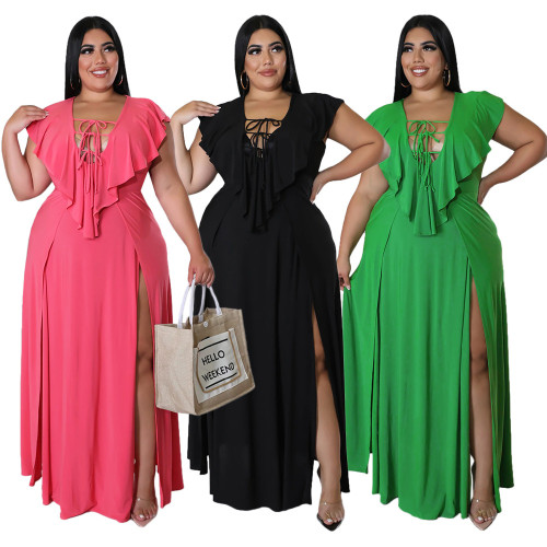 Fashion Short Sleeve V-Neck Solid Color Plus Size Women's Split Maxi Dress