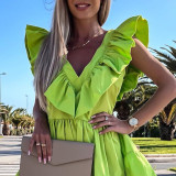 Ropa de mujer Color sólido verde con volantes cuello en V sin mangas espalda baja vestido casual de verano