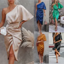 WomenSexy Single Sleeve Irregular Satin Evening Dress
