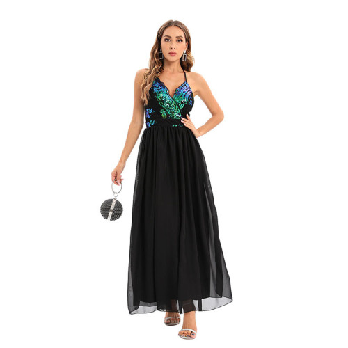 Women clothes Sexy v-neck sequined stretch long Cocktail Evening dress