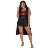 Women clothes Solid Print Sleeveless Tank Cardigan Shrots Summer Three-Piece Outfit