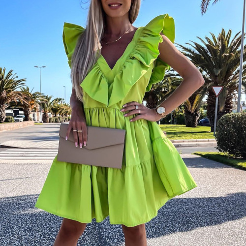 Women clothes Green Solid Color Ruffled V Neck Sleeveless Low Back Summer Casual Dress
