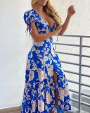 Women clothes Sexy blue Floral printed V-neck pleated maxi dress