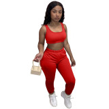 Ropa de mujer de moda Color sólido sin mangas Crop Tank Top Pantalones deportivos Casual Conjunto de dos piezas