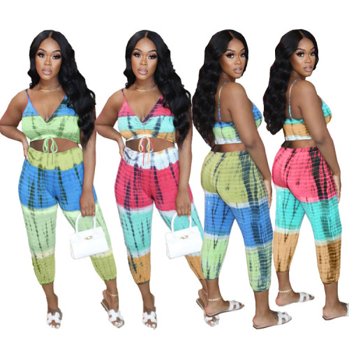 Frauen Kleidung Sommer Mode Tie Dye Positionierung Print Strap lose beiläufige zweiteilige Hosen-Sets
