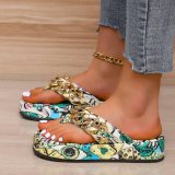Summer Thick Bottom Round Toe Print Flip-Flops Women'S Metal Chain Outdoor Wear Sandals Plus Size