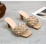 Sandalias Zapatillas De Mujer Primavera Moda Tejida Punta Cuadrada Stiletto Tallas Grandes Sandalias